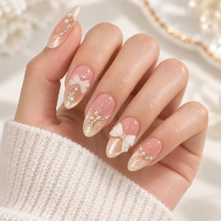 Champagne Pearl Bow Luxury Handmade Press-On Nails