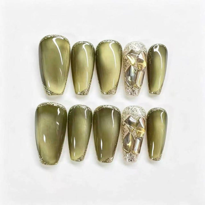 Aegean Olive Mirage Crystal Handmade Press-On Nails
