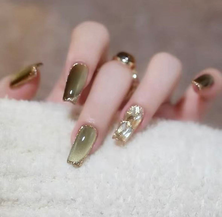 Aegean Olive Mirage Crystal Handmade Press-On Nails