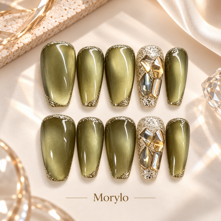 Aegean Olive Mirage Crystal Handmade Press-On Nails