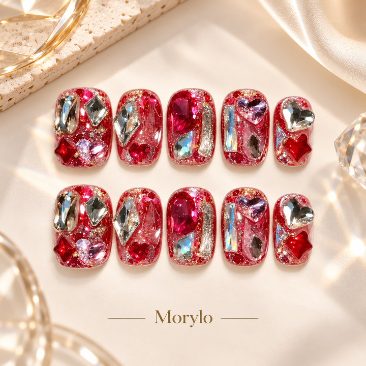 Ablaze Amour Crimson Prism Heart Handmade Press-On Nails