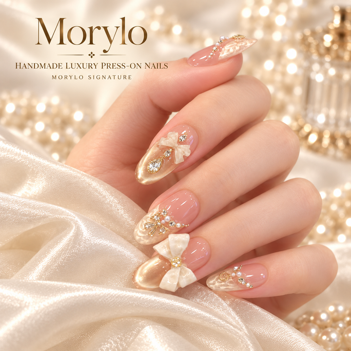 Champagne Pearl Bow Luxury Handmade Press-On Nails