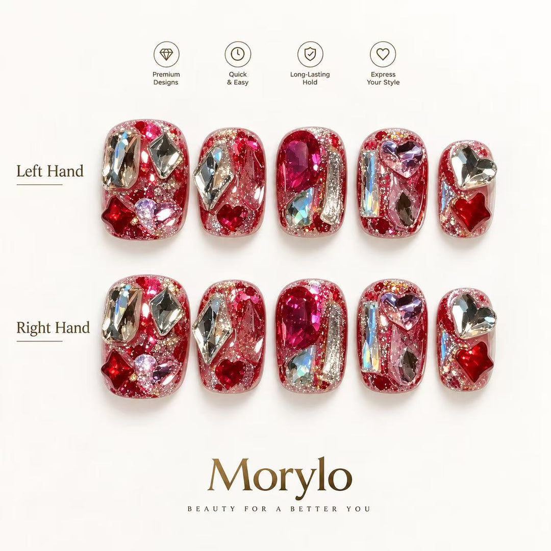 Ablaze Amour Crimson Prism Heart Handmade Press-On Nails