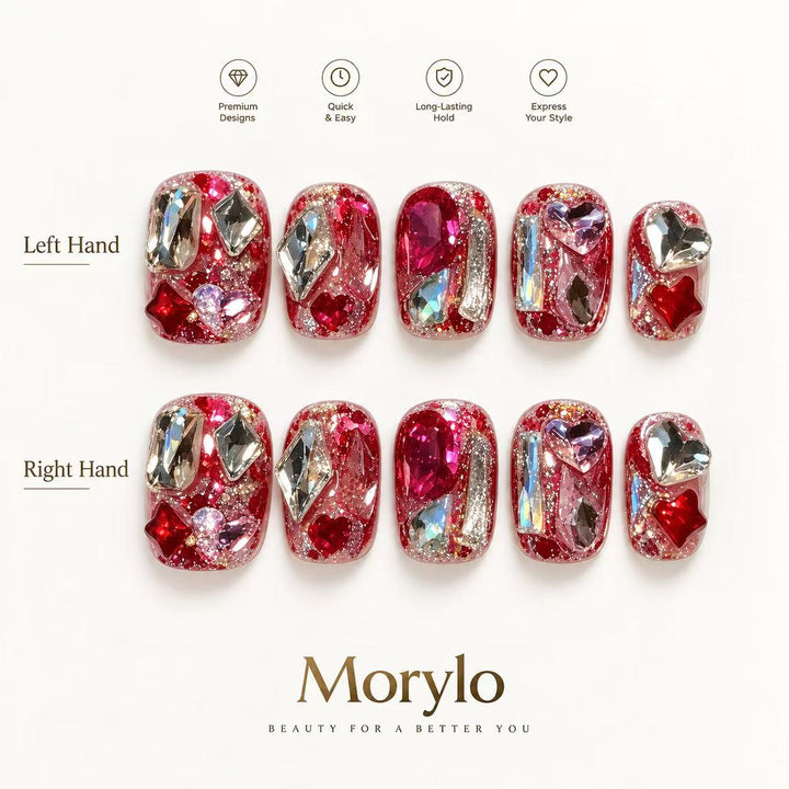Ablaze Amour Crimson Prism Heart Handmade Press-On Nails