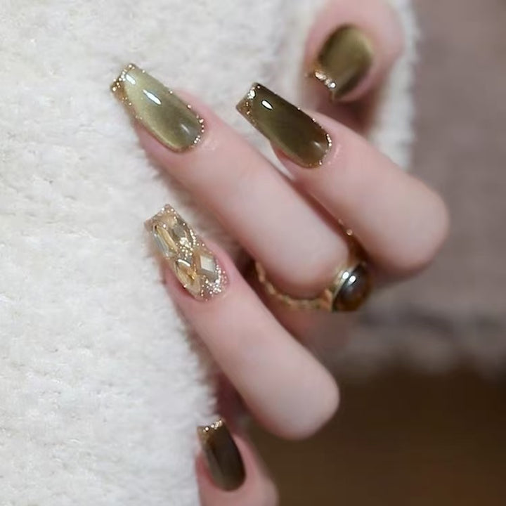Aegean Olive Mirage Crystal Handmade Press-On Nails