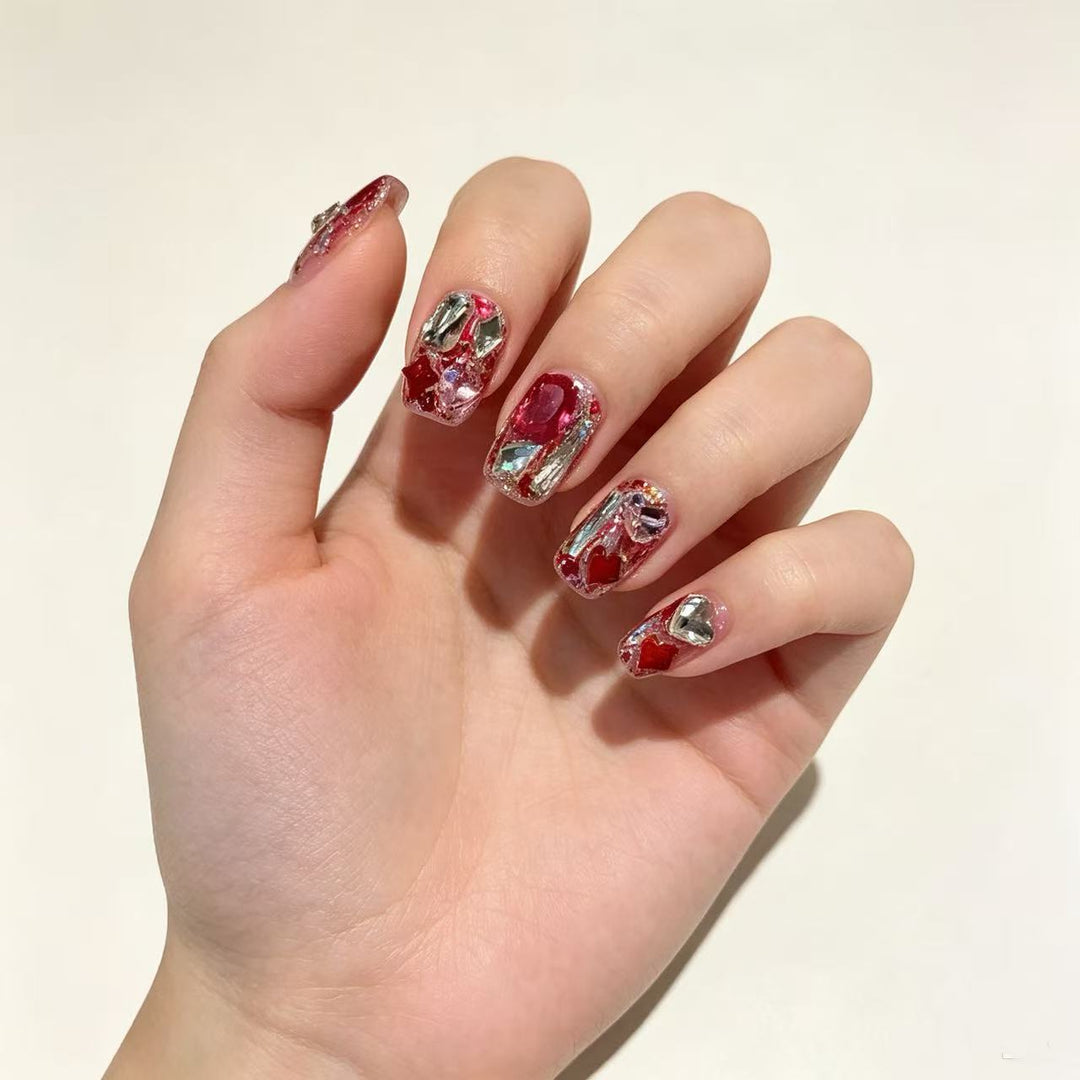 Ablaze Amour Crimson Prism Heart Handmade Press-On Nails