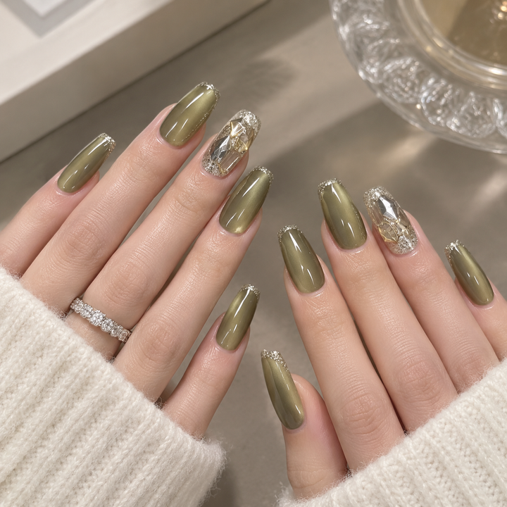 Aegean Olive Mirage Crystal Handmade Press-On Nails