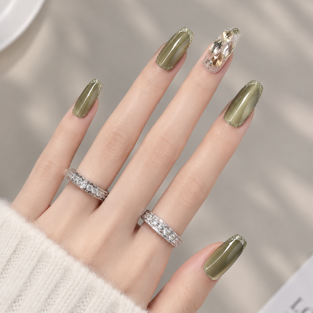 Aegean Olive Mirage Crystal Handmade Press-On Nails