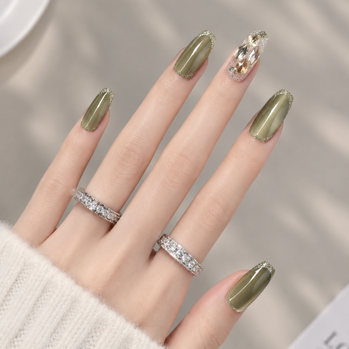 Aegean Olive Mirage Crystal Handmade Press-On Nails