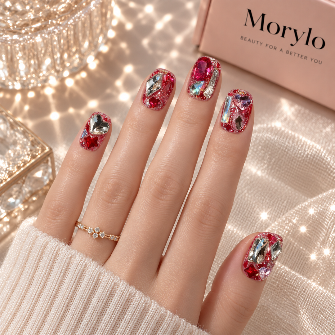 Ablaze Amour Crimson Prism Heart Handmade Press-On Nails