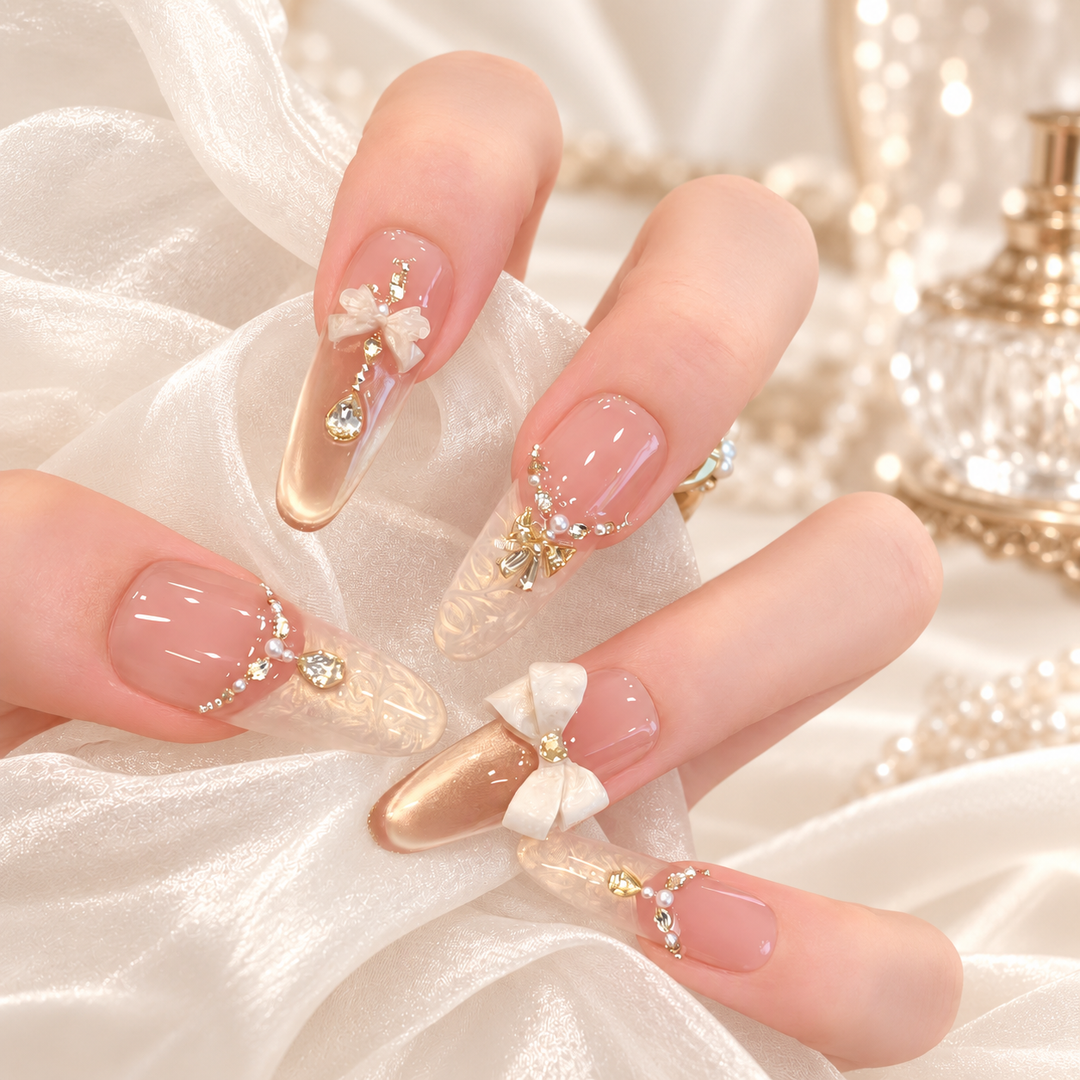 Champagne Pearl Bow Luxury Handmade Press-On Nails