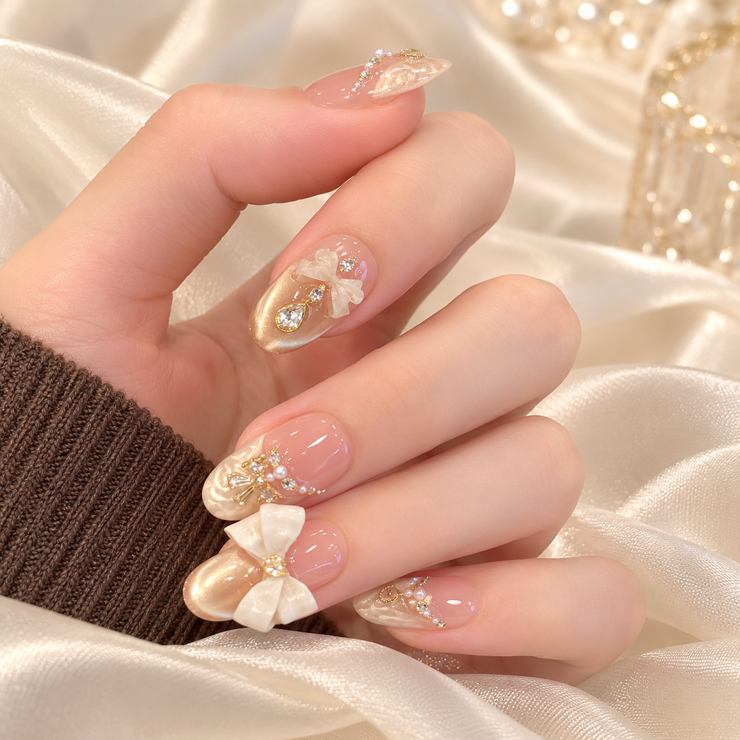 Champagne Pearl Bow Luxury Handmade Press-On Nails