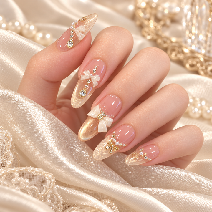 Champagne Pearl Bow Luxury Handmade Press-On Nails wearing image