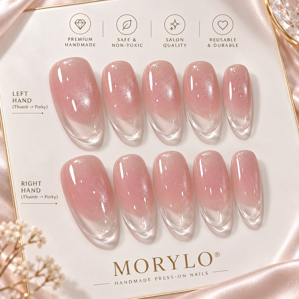 Jelly Glass French Shimmer Handmade Press-On Nails flat lay